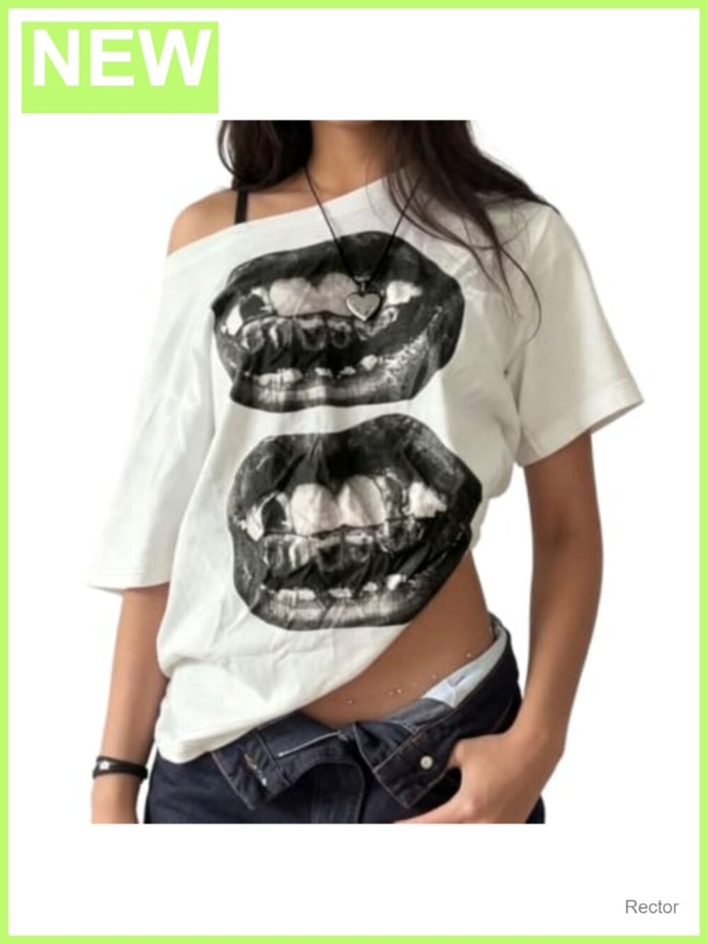 Off Shoulder Oversized Graphic T-Shirt Lips Print Y2K Tee